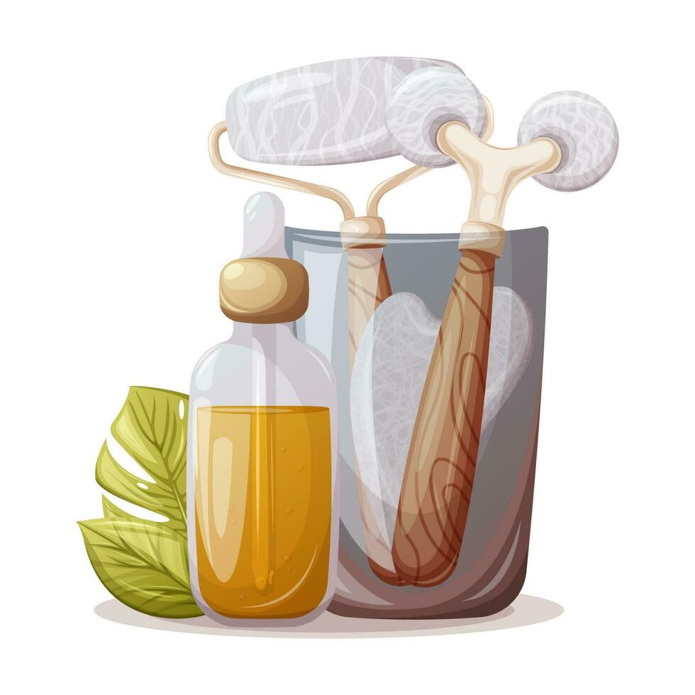 Glass cup with rollers and gua sha of natural stone, white agate, rose quartz for face and body massage. Bottle with a pipette with oil serum. Concept for skin care. Trendy vector illustration.