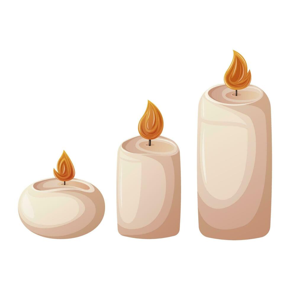 A set of burning candles of various sizes. Cartoon style, trendy vector illustration