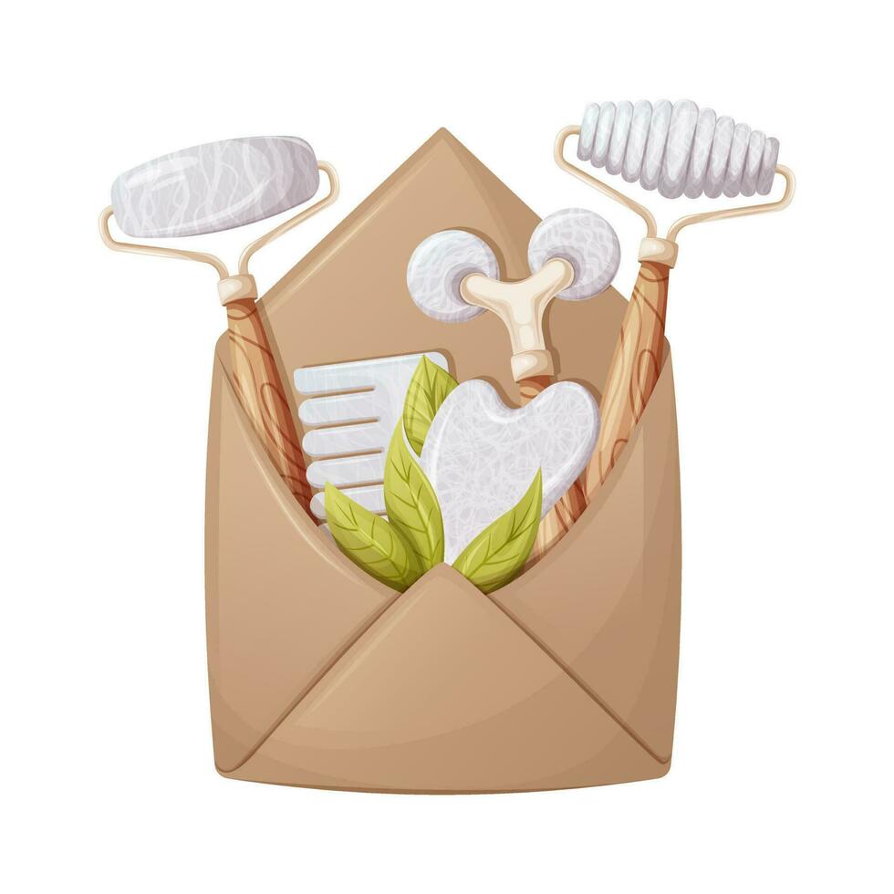 Envelope with gua sha massage tools. Scraper, rollers, comb made of natural stones, white agate, rose quartz. Green leaves. Health and beauty, face and skin care. Vector illustration