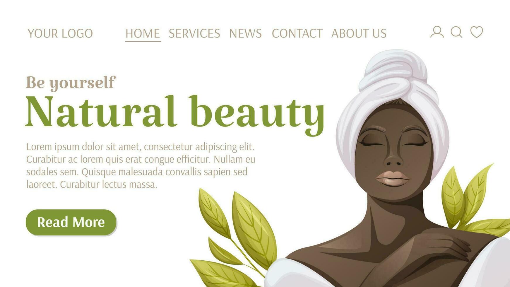 African American woman in a bathrobe and towel. Template for website. Be yourself, natural beauty. Concept of health, self-care. Vector illustration. For banner, advertising.