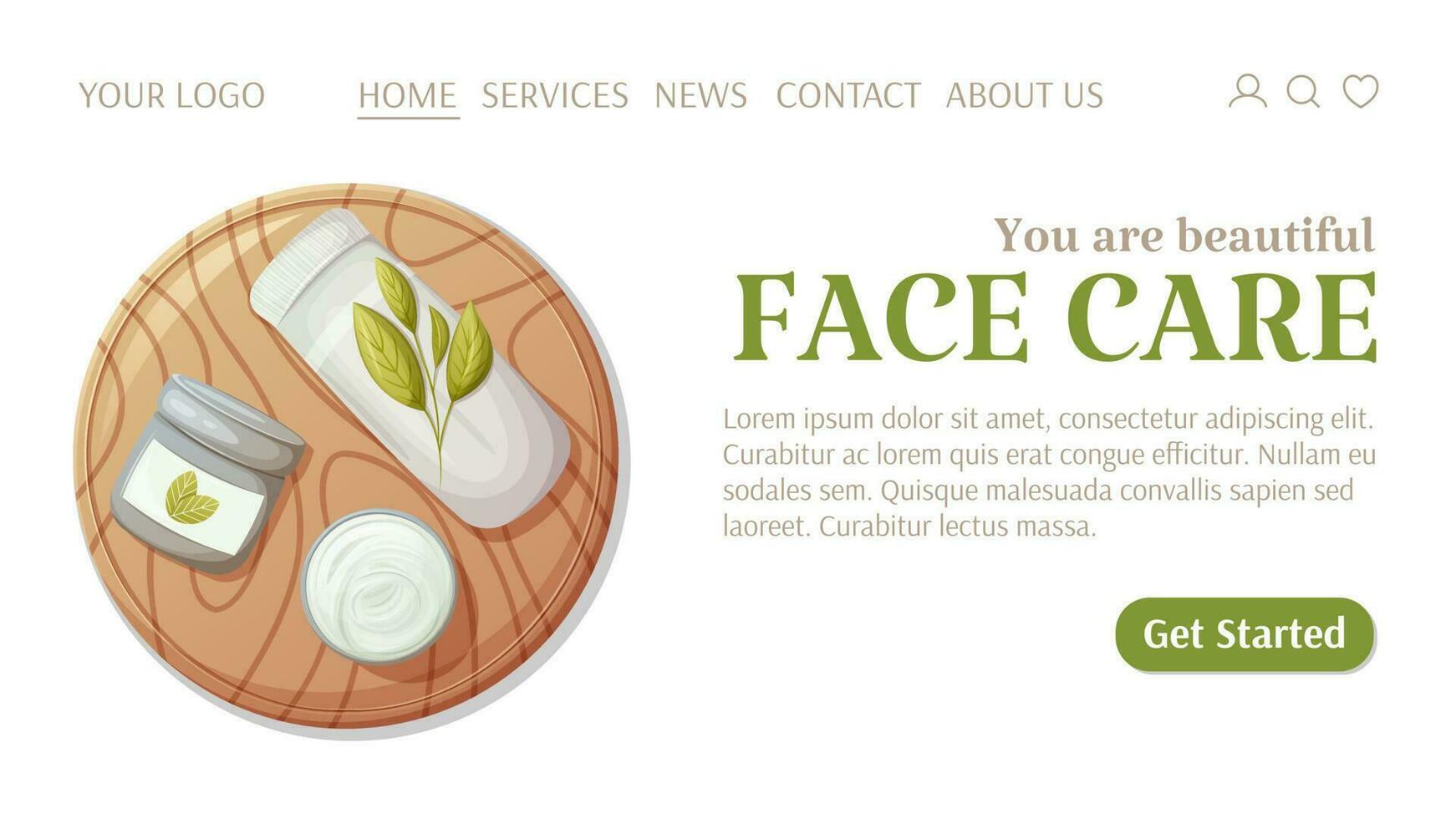 Face care template for website. Round wooden board with rolled up towel and face cream. Top view. Health and beauty. Love your skin. Vector illustration. For banner, poster, advertising.