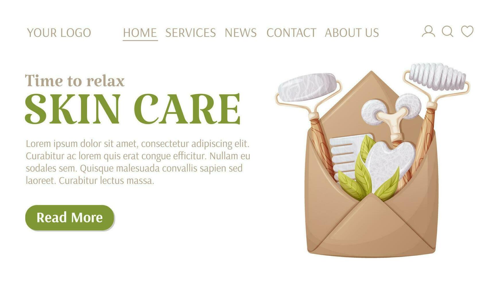 Skin care template for website. Envelope with gua sha massage tools. Scraper, rollers, comb made of natural stones, white agate, rose quartz. Vector illustration. For banner, poster, advertising.