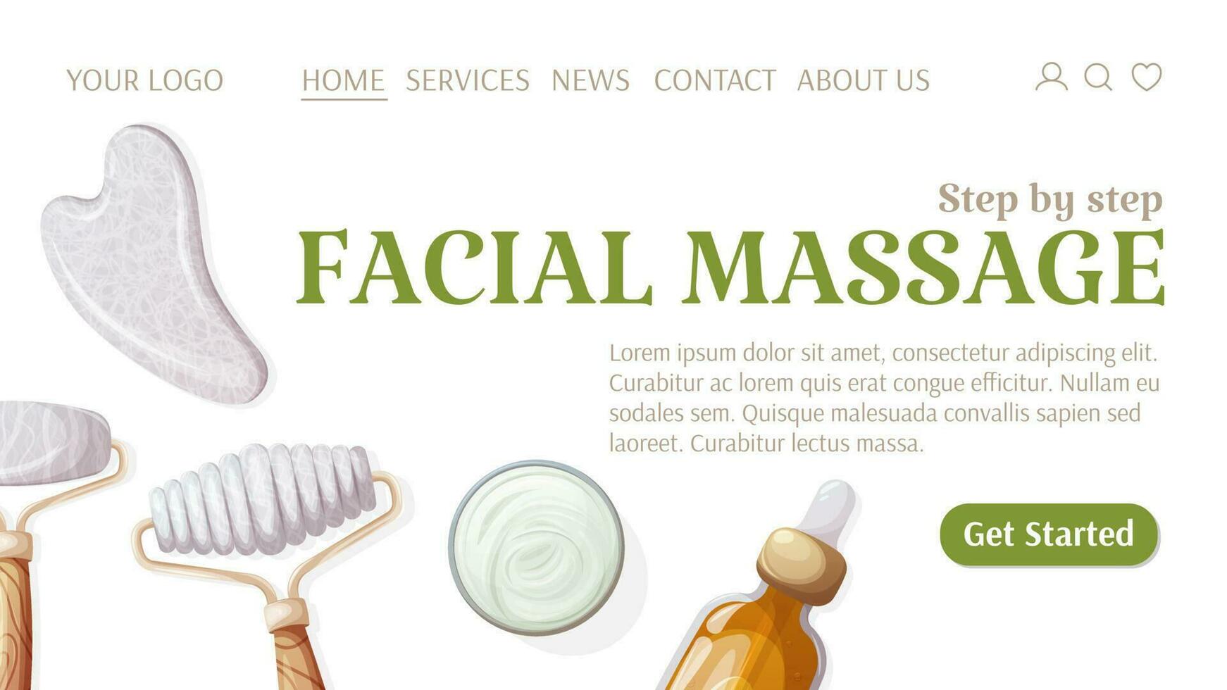 facial masaje modelo para sitio web. gua sha raspador y rodillos, petróleo suero, crema. amor tu piel. salud y belleza. vector ilustración. para bandera, póster, publicidad.