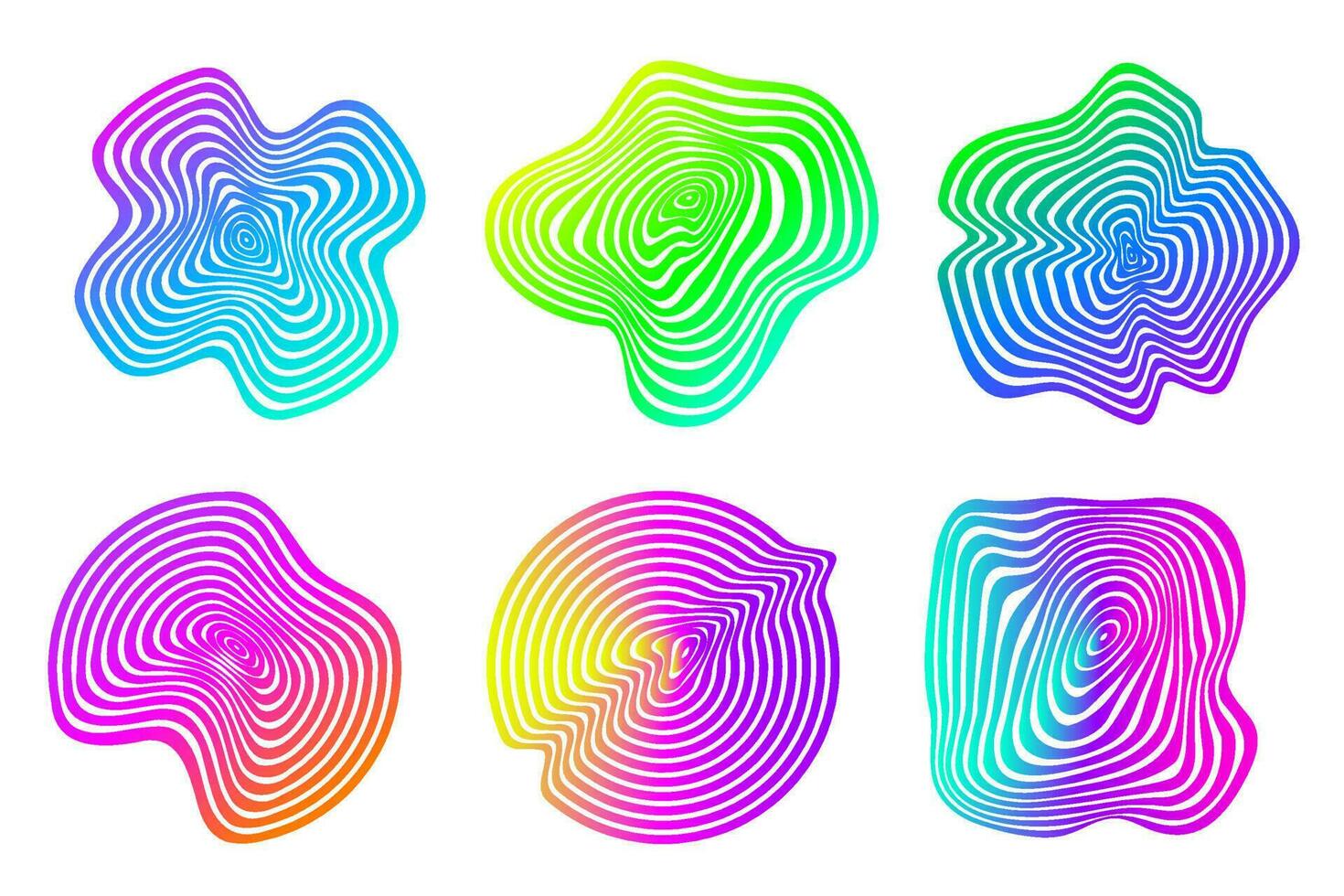 Topographic wooden tree rings patterns. Abstract organic textured circles. Circular neon shapes backgrounds. Vector annual growth slices.