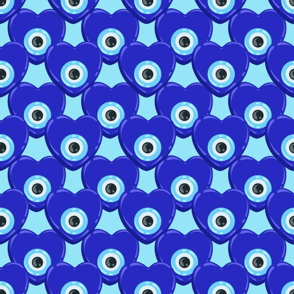 Evil eye pattern. Greek heart bead and turkish blue nazar seamless background. Amulet for luck and energy protection against envy. Vector wallpaper