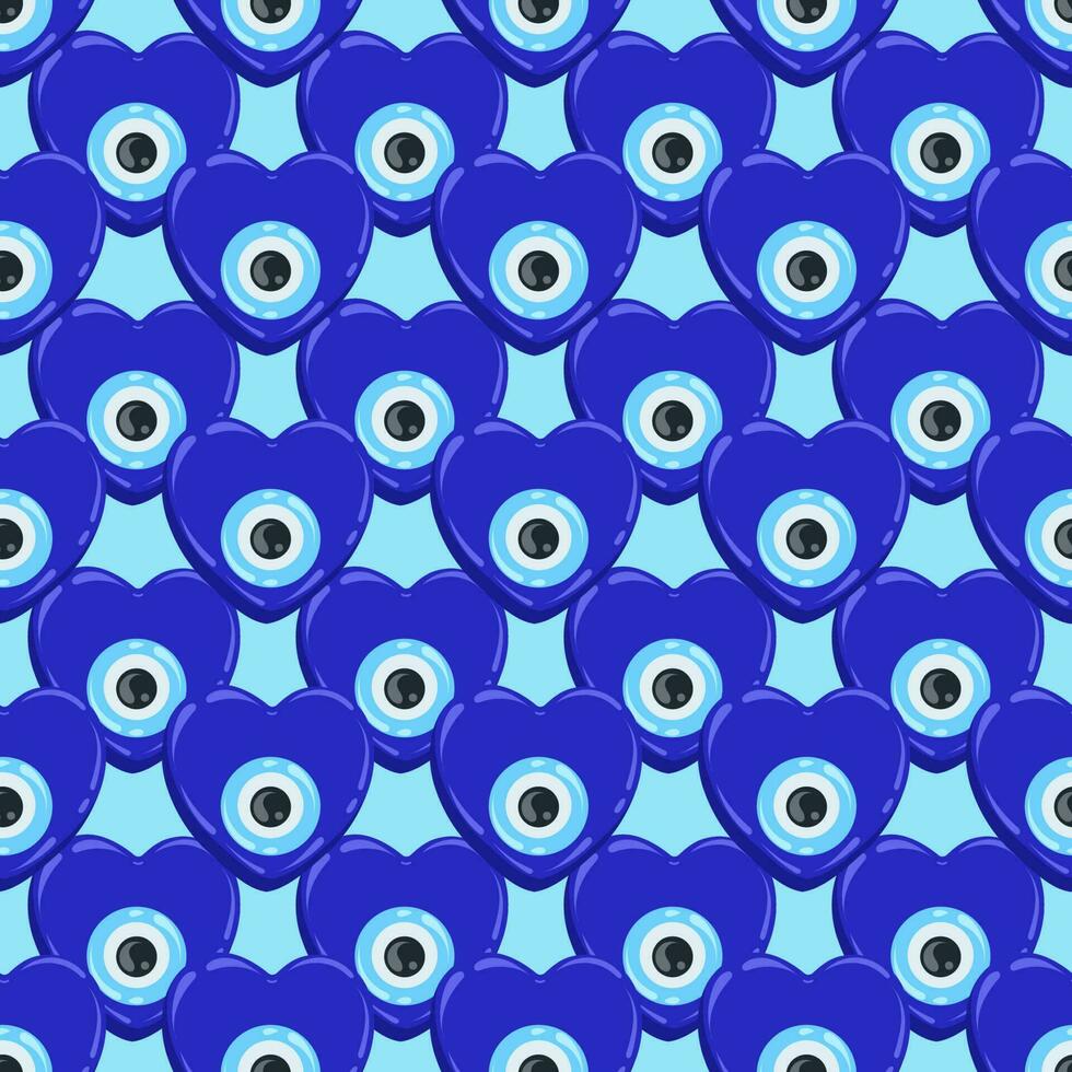 Evil eye pattern. Greek heart bead and turkish blue nazar seamless background. Amulet for luck and energy protection against envy. Vector wallpaper