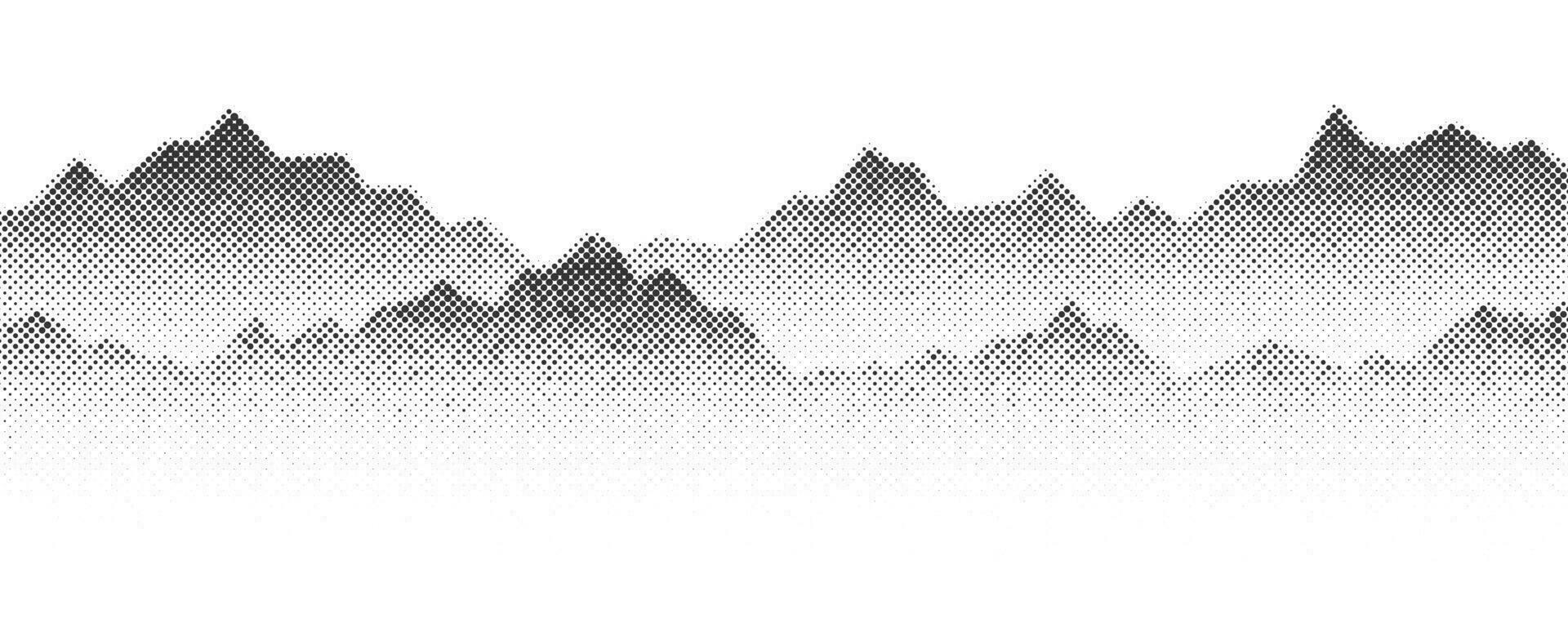 Dotted mountain gradient background. Noisy stippled grainy texture. Abstract rocks landscape with peaks with sand effect. Vector halftone fade illustration