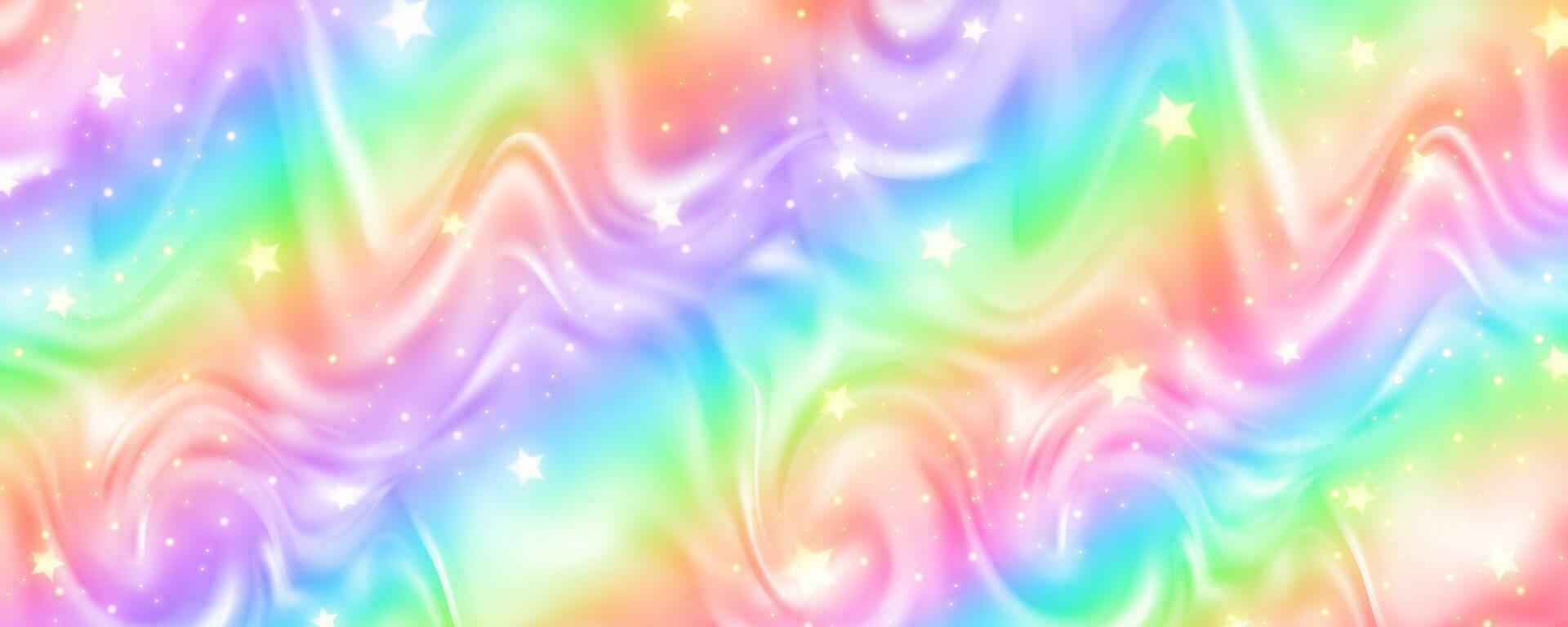 Rainbow background with waves of fluid. Abstract pastel gradient wallpaper with bright vibrant colors and stars. Vector unicorn holographic backdrop.