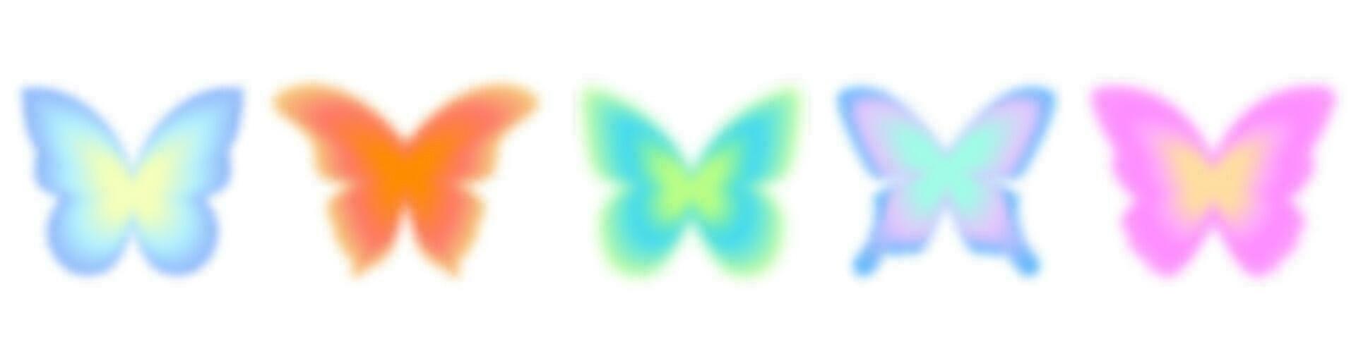 Y2k gradient butterfly. Aura stickers. Holographic blurred figures. Groovy aesthetic neon set. Vector vintage set