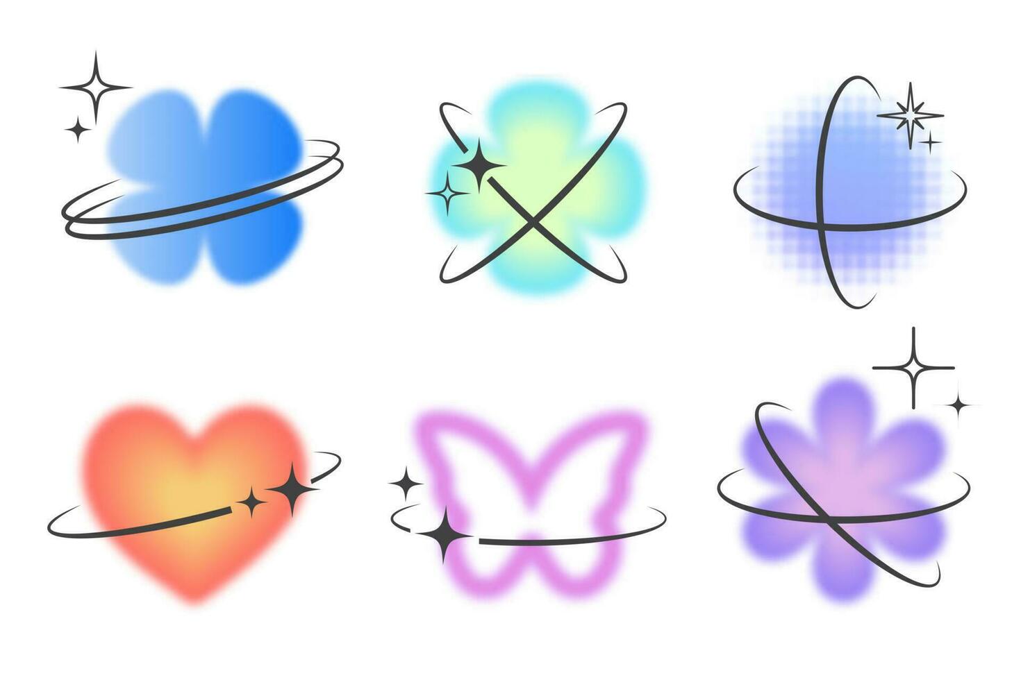Y2k gradient blurred elements. Abstract shapes and retro stickers with aura. Flower, heart and star aestethic figures. Vector groovy trendy set