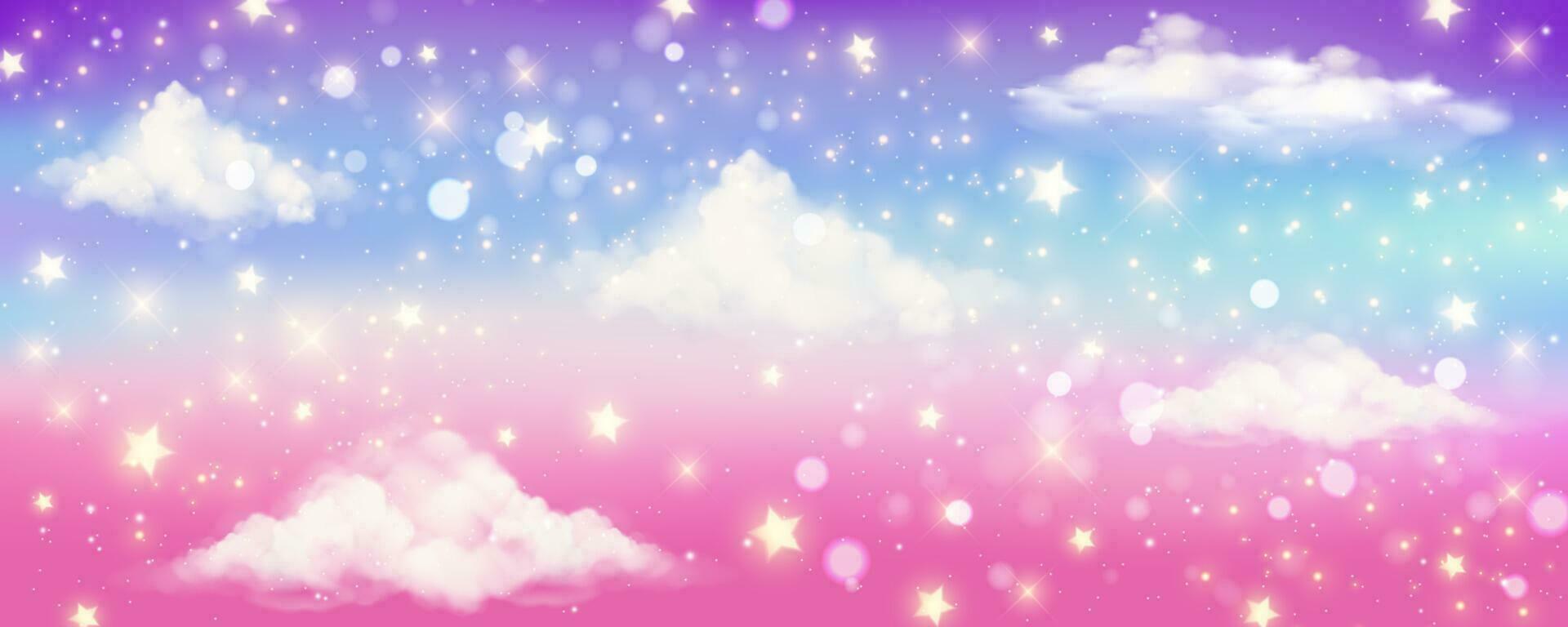 Pink sky background with clouds and stars. Pastel color abstract dreaming illustration. Magic heaven wallpaper. Cute unicorn landscape. Vector