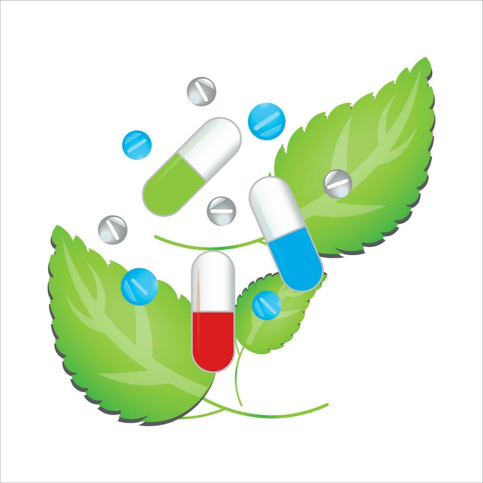 pills on the background of leaves vector, illustration, symbol vector