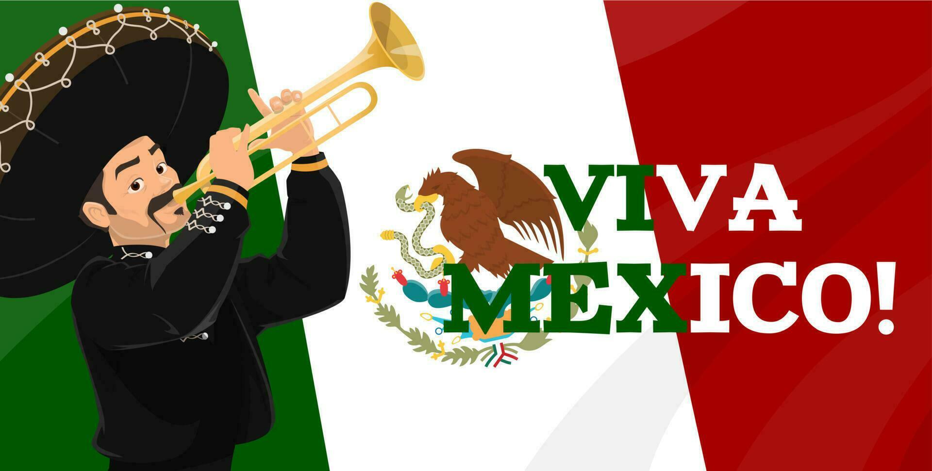 Viva Mexico. Mexican flag, coat of arms, mariachi vector