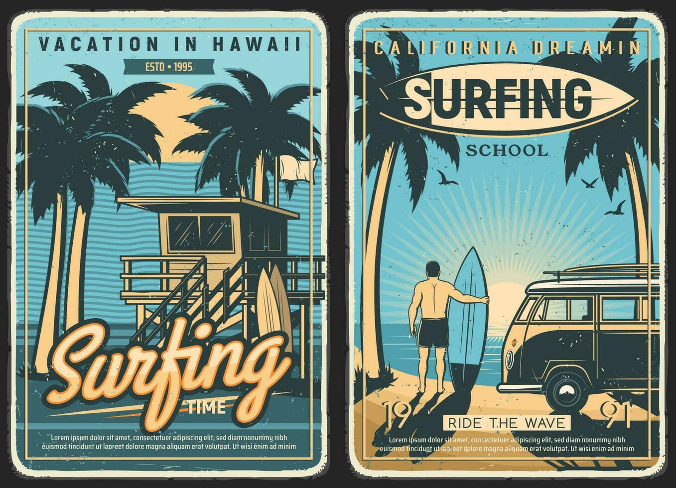 Surfing retro poster, surf beach summer, surfer vector