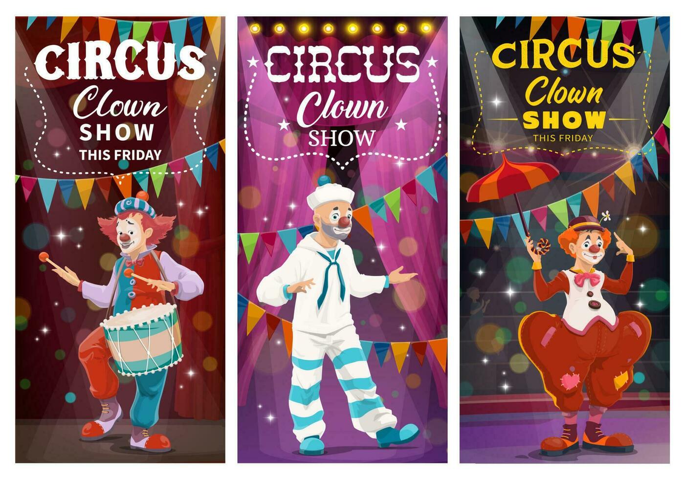 circo payasos comedia espectáculo dibujos animados vector pancartas