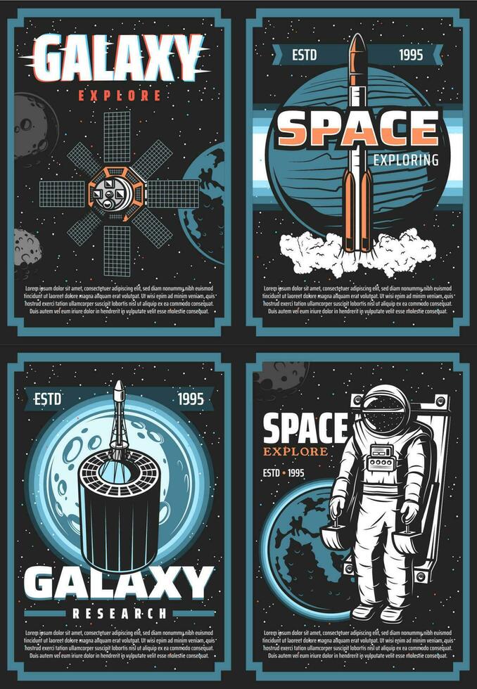 Space exploring retro posters, galaxy expedition vector