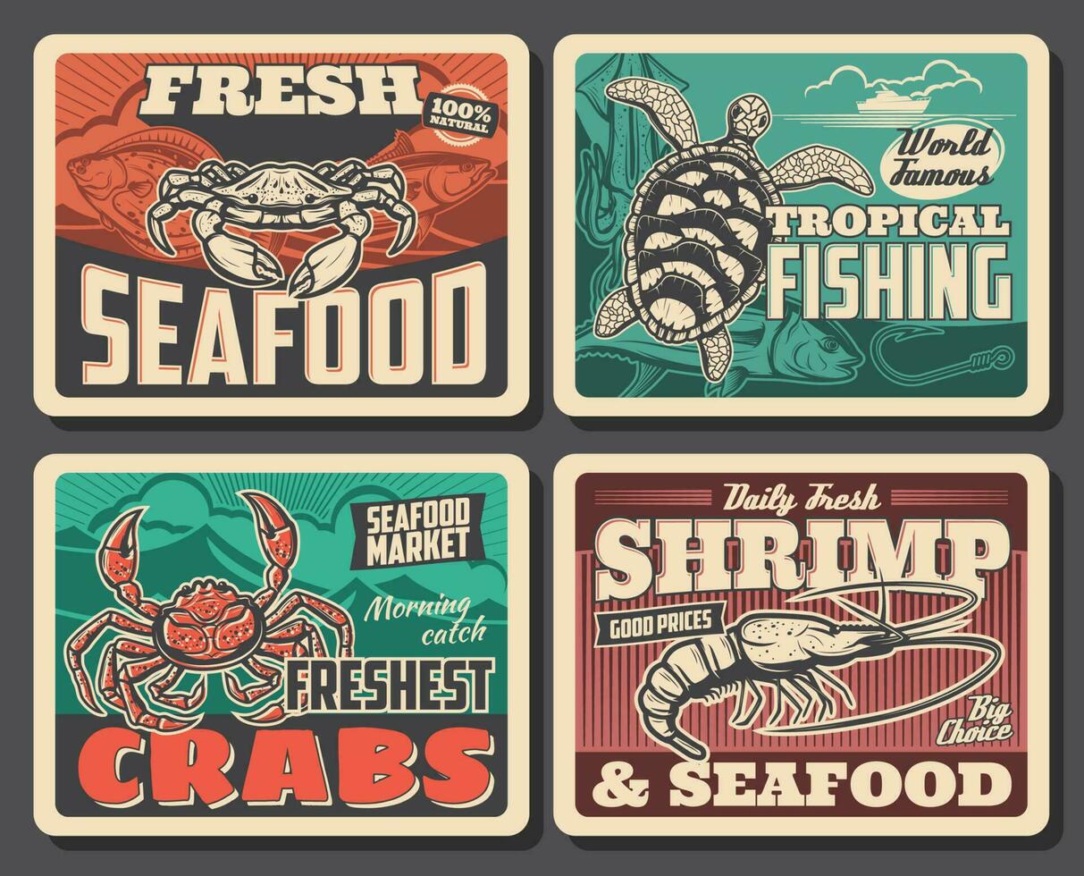 King or shear crab, turtle or shrimp retro posters vector