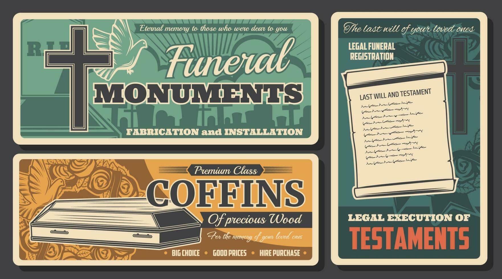 Funeral service, burial coffins, RIP monuments vector