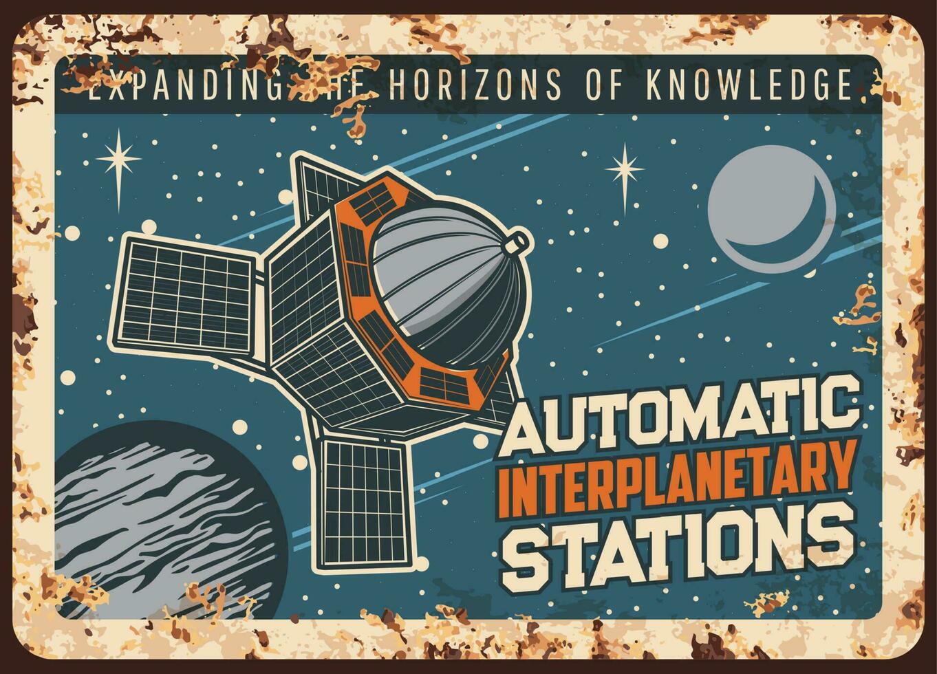 Automatic satellite space station rusty plate vector