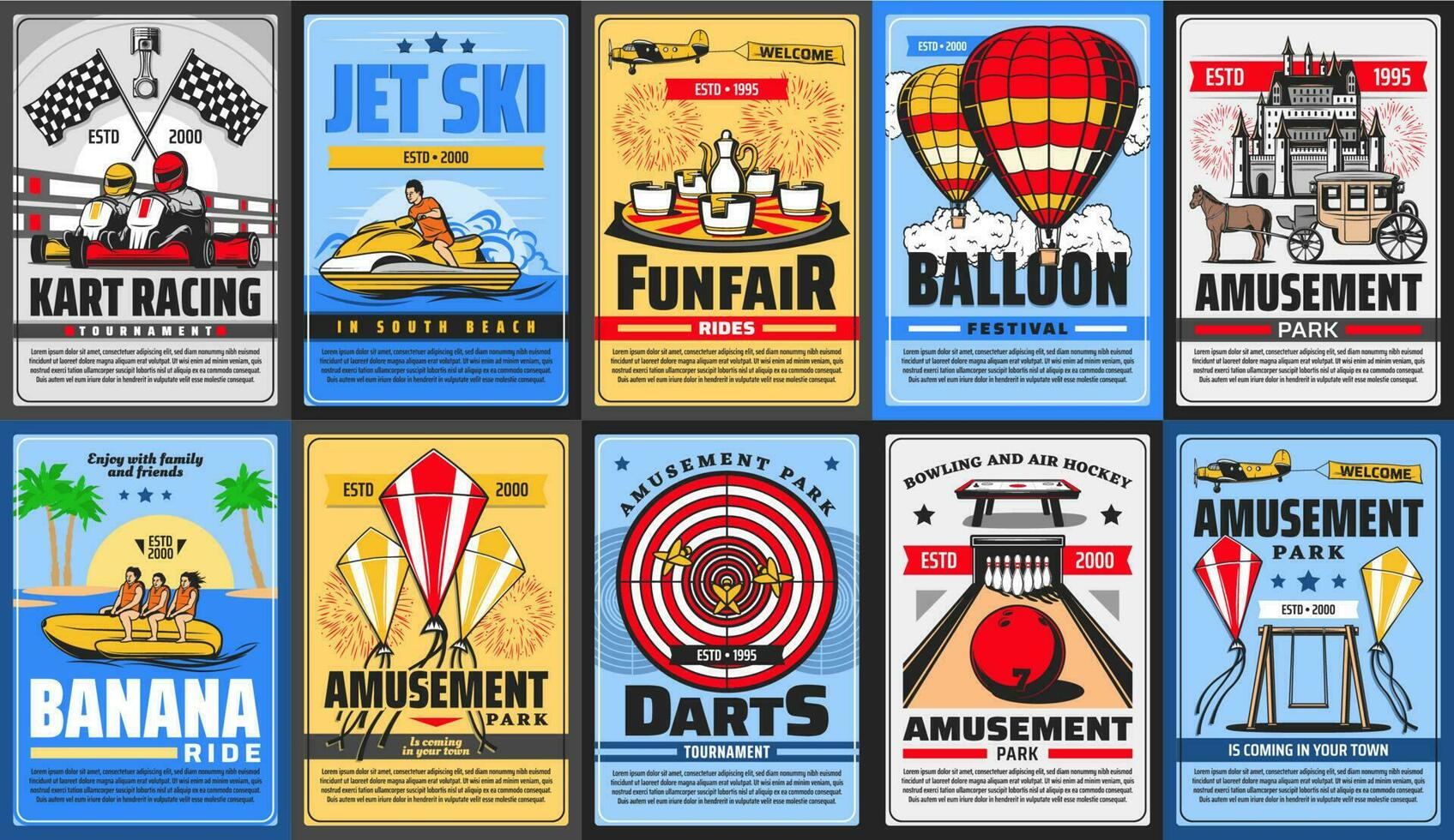 Amusement park posters, funfair rides, carousels vector