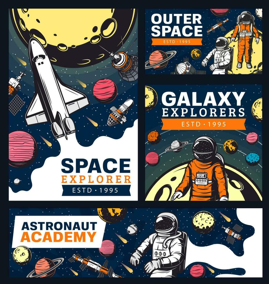 Astronaut academy, space and galaxy exploration vector