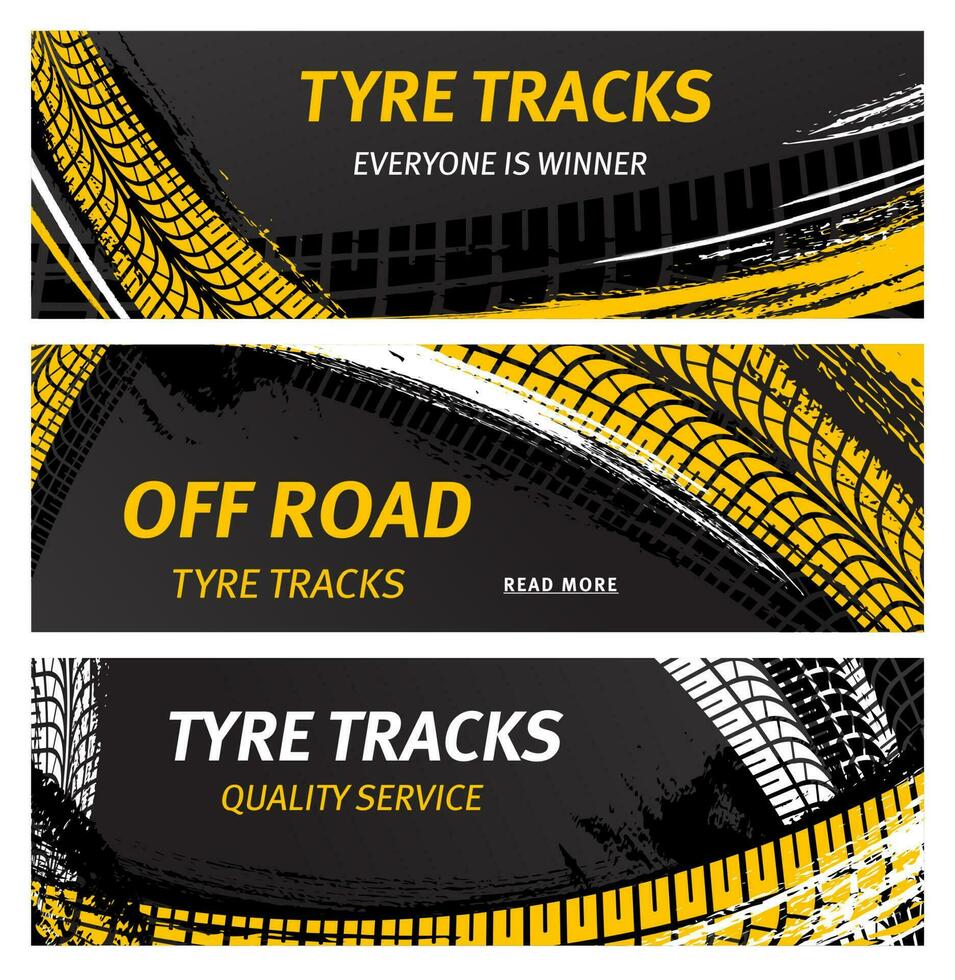 Tyre tracks, off road tire prints vector banners