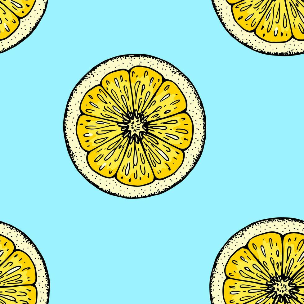 Lemon slice seamless pattern. Colorful hand drawn vector illustration in sketch style. Tropical exotic citrus fruit summer background