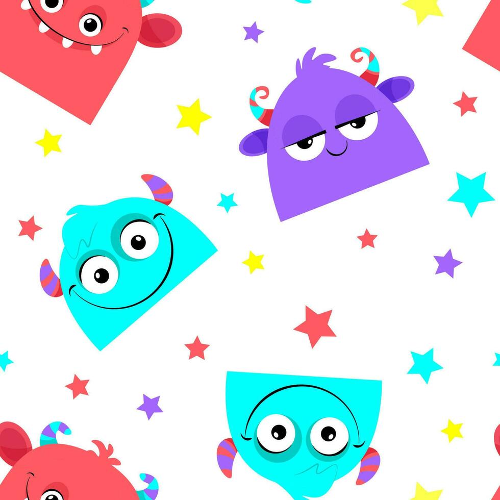 Multicolored monsters with stars in a seamless pattern on a white background vector