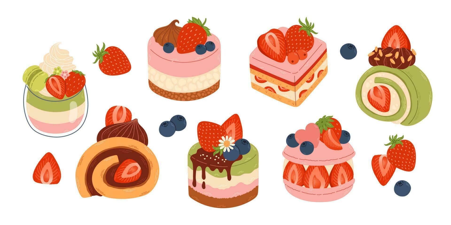 Cute strawberry dessert flat vector. Set of delicious sweets and desserts with strawberry flavor for Valentine day. Vector illustration