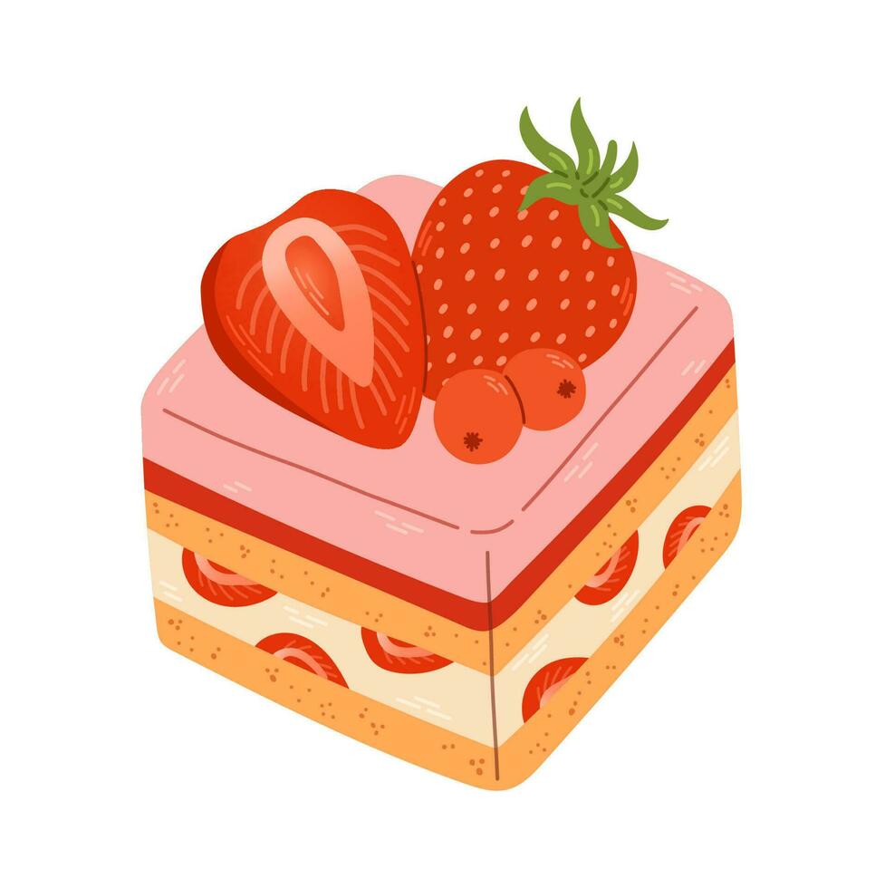 Piece of cake with a strawberry on top. Cute strawberry dessert flat vector. Delicious sweet dessert with strawberry flavor for Valentine day. Vector illustration