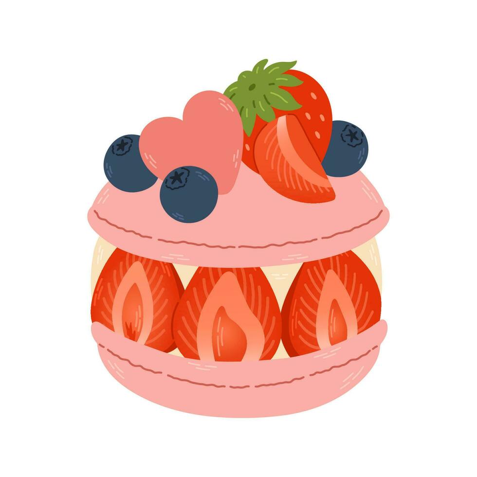 Pink cake with a strawberry and blueberries on top. Cute strawberry dessert flat vector. Delicious sweet dessert with strawberry flavor for Valentine day. Vector illustration