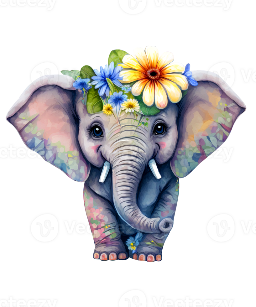 carino bambino elefante acquerello fiori ai generativo png