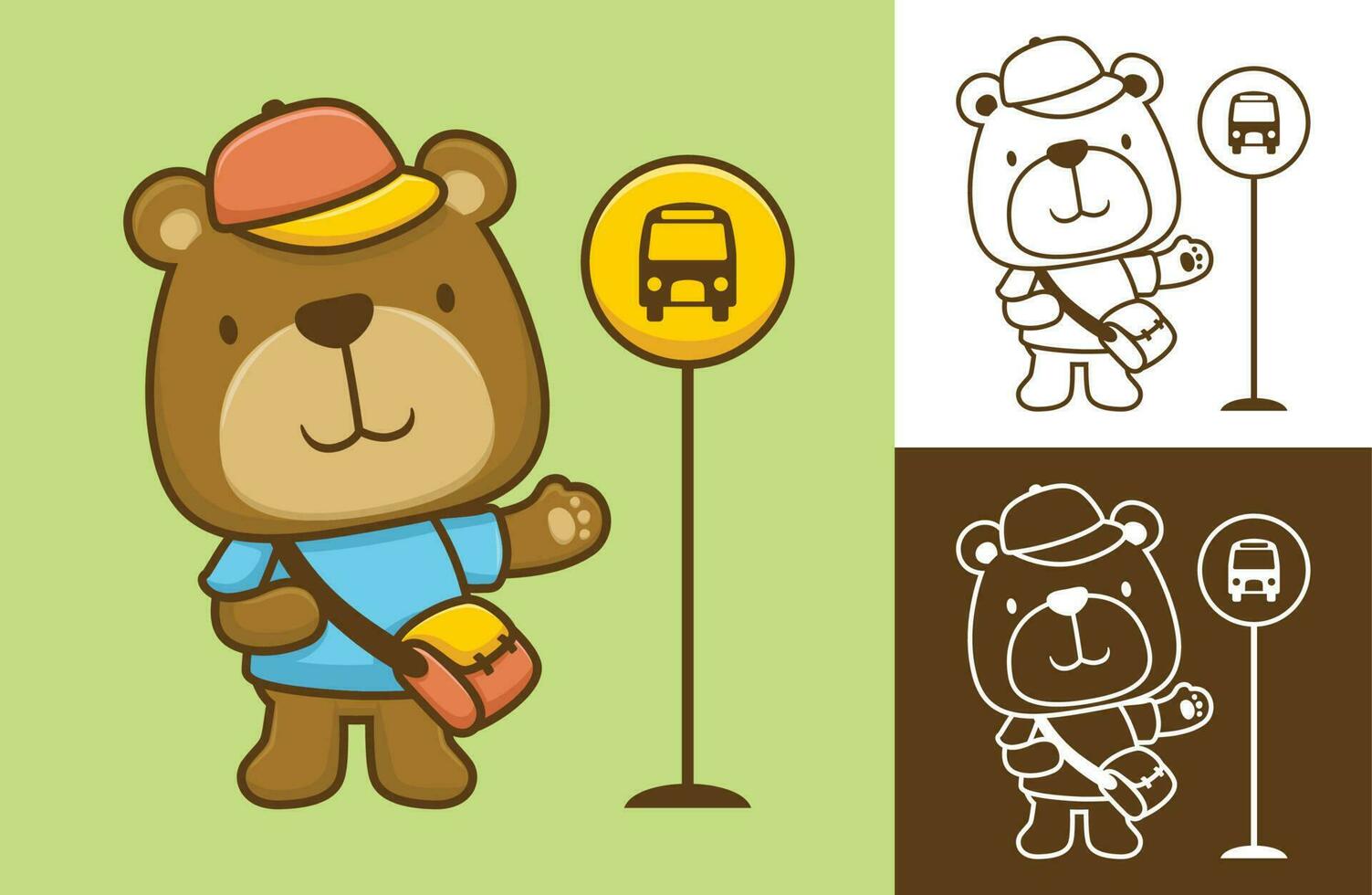 Funny bear standing in bus stop ready going to school. Vector cartoon illustration in flat icon style