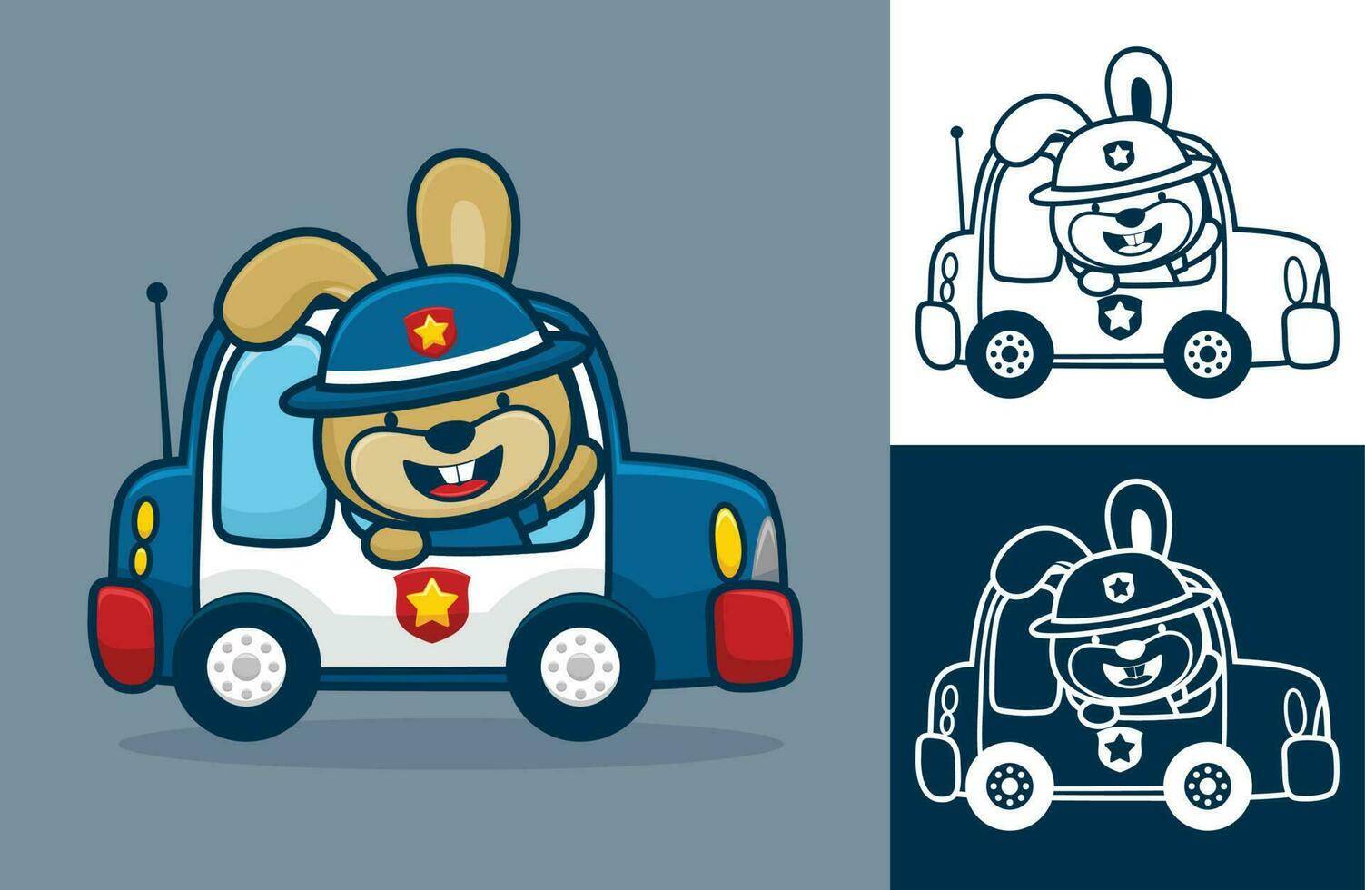 Rabbit wearing cop hat on police car. Vector cartoon illustration in