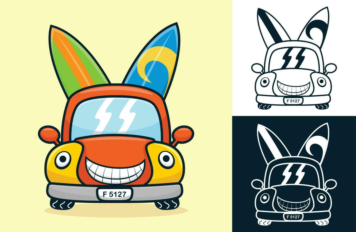 Funny smiling car carrying two surfboard. Vector cartoon illustration in flat icon style