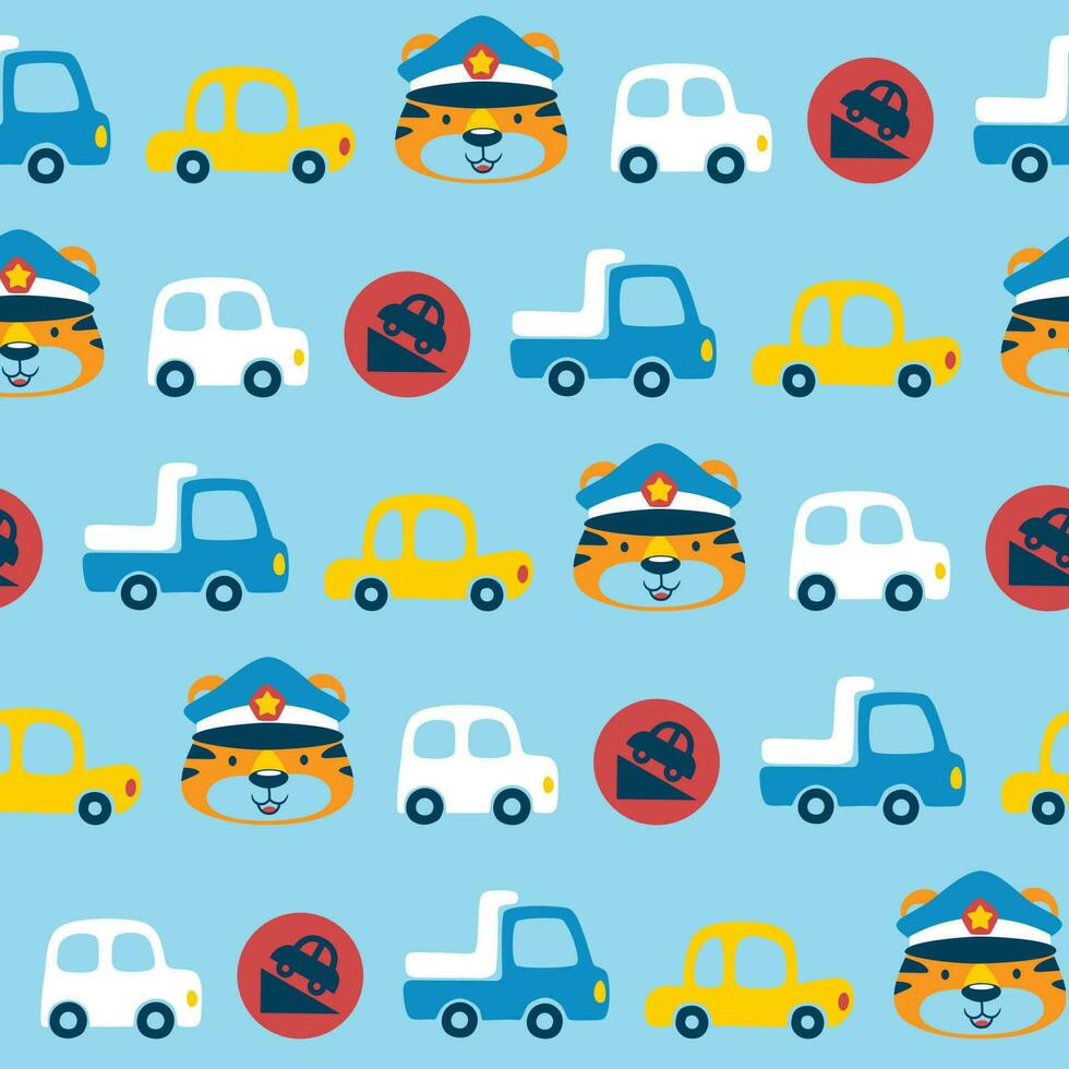 Seamless pattern vector of vehicles cartoon with funny tiger cop