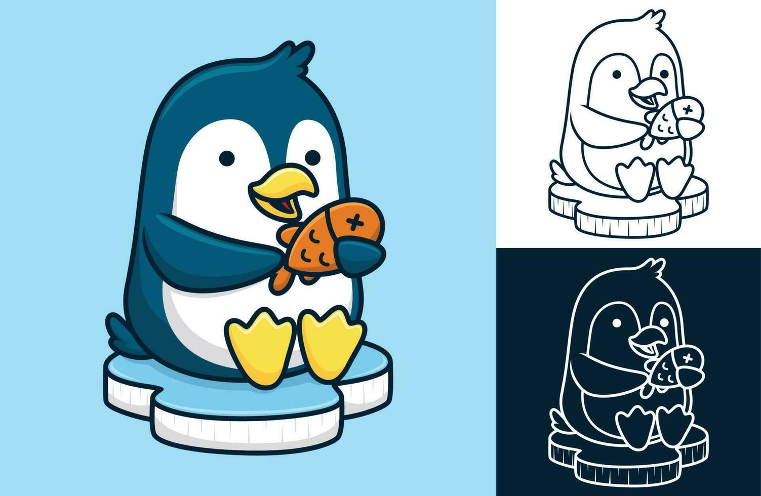 Cute penguin on ice chunk holding fish. Vector cartoon illustration in flat icon style