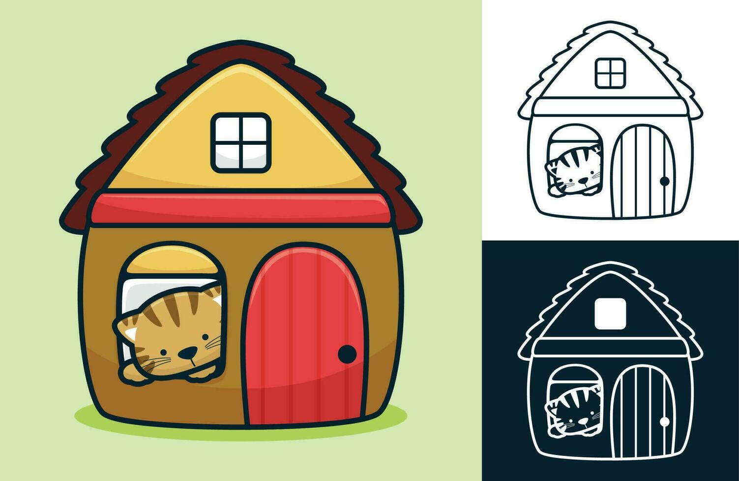 Funny cat in the window of little home. Vector cartoon illustration in flat icon style