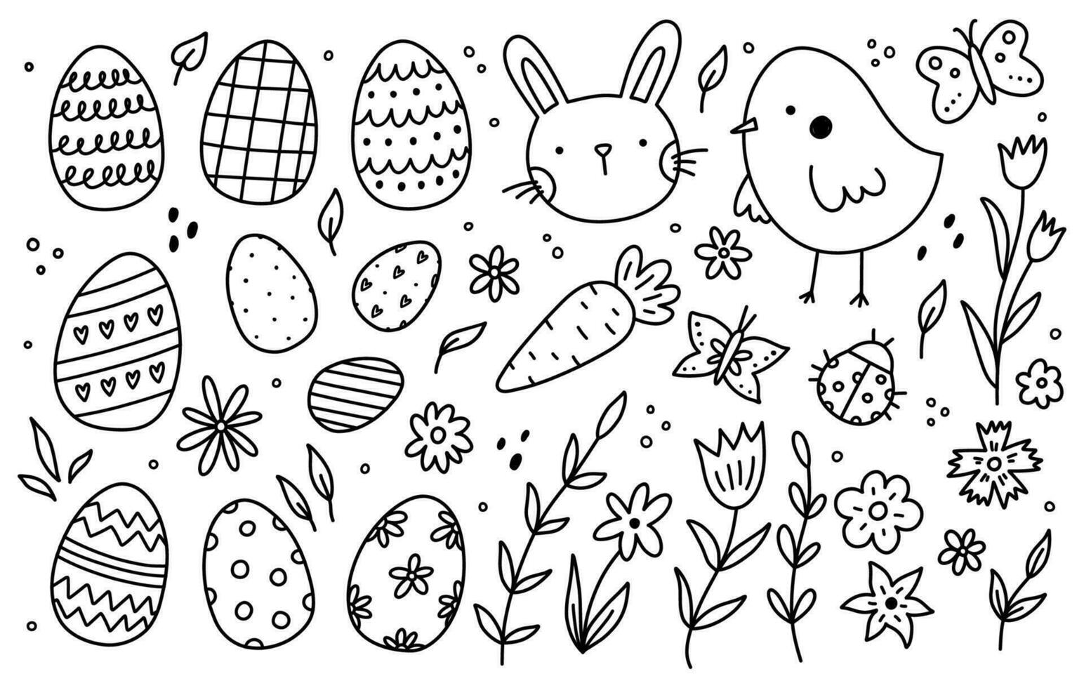 Cute doodle set with decorated Easter eggs, spring flowers, insects, funny chick and bunny isolated on white background. Vector hand-drawn illustration. Perfect for holiday designs, decorations.