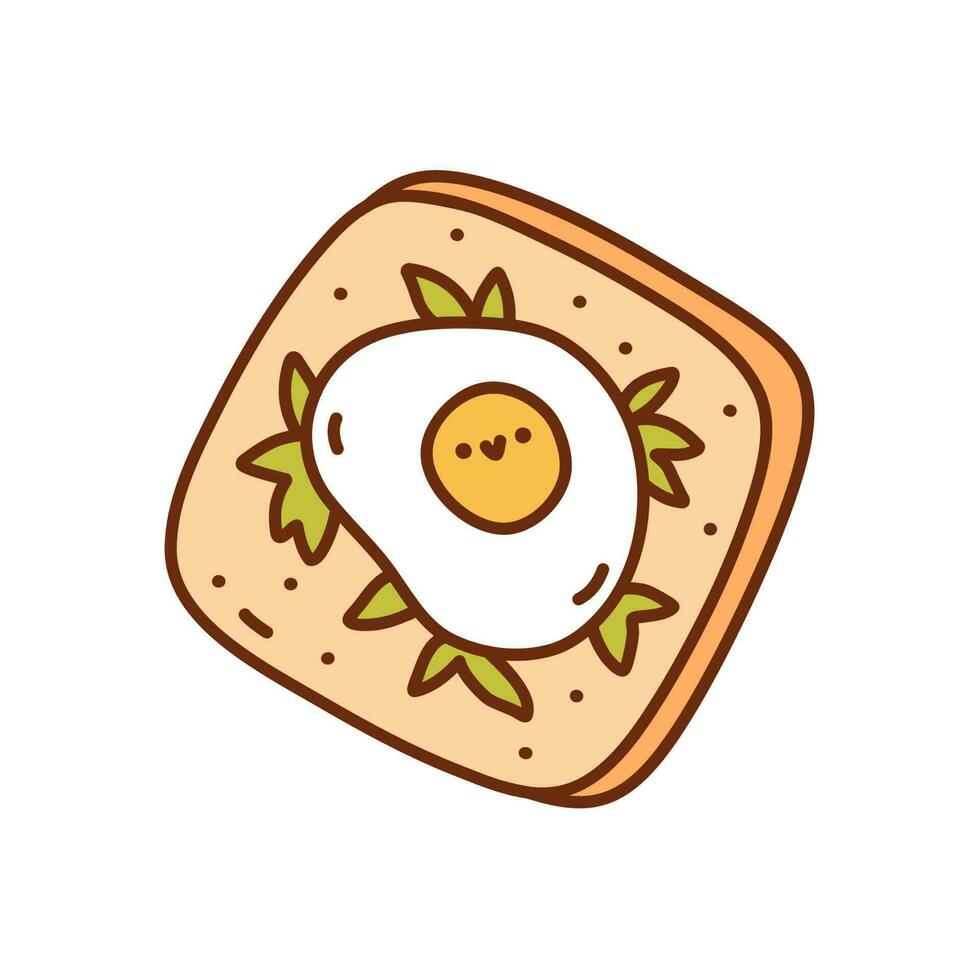 Cute toast with fried egg isolated on white background. Vector hand-drawn illustration in kawaii doodle style. Perfect for various designs, cards, decorations, logo, menu, recipes.