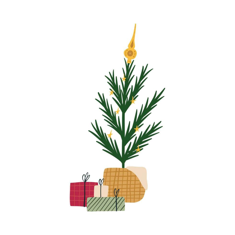 mano dibujado Navidad árbol en mimbre cesta, plano vector ilustración aislado en blanco antecedentes. pila de regalo cajas debajo decorado abeto árbol. invierno fiesta celebracion.