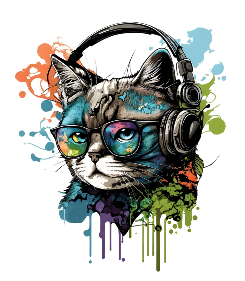 cute cat wearing glasses and headset, fun colorful concept, ideal for print designs like t-shirt designs, stickers, etc. png