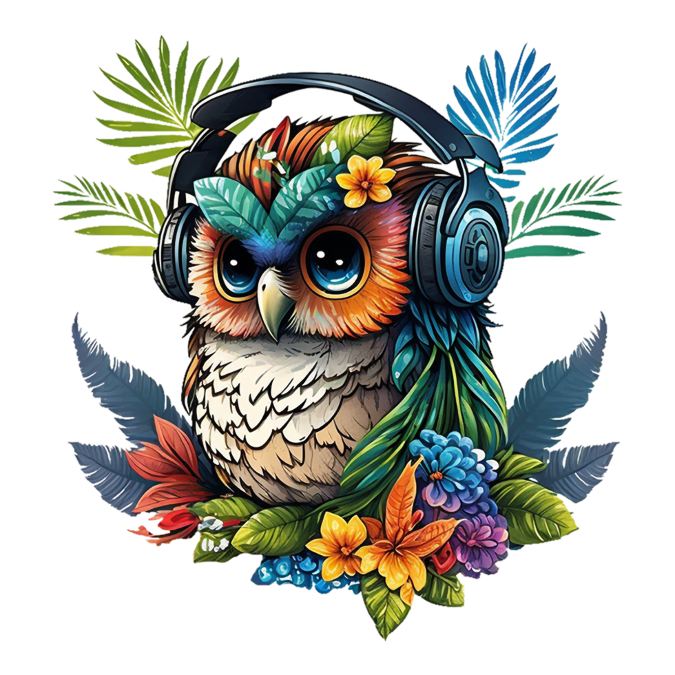 cute owl wearing headset. A fun colorful design decorated with trees and flowers. suitable for print designs such as t-shirt designs, stickers, etc., png