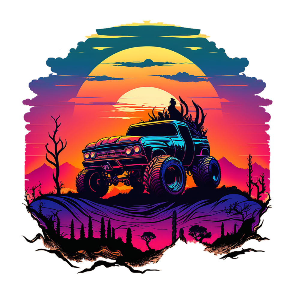 vintage monster car design, driving in the mountains with sunset, retro style, suitable for print design such as t-shirt design, stickers, etc, png