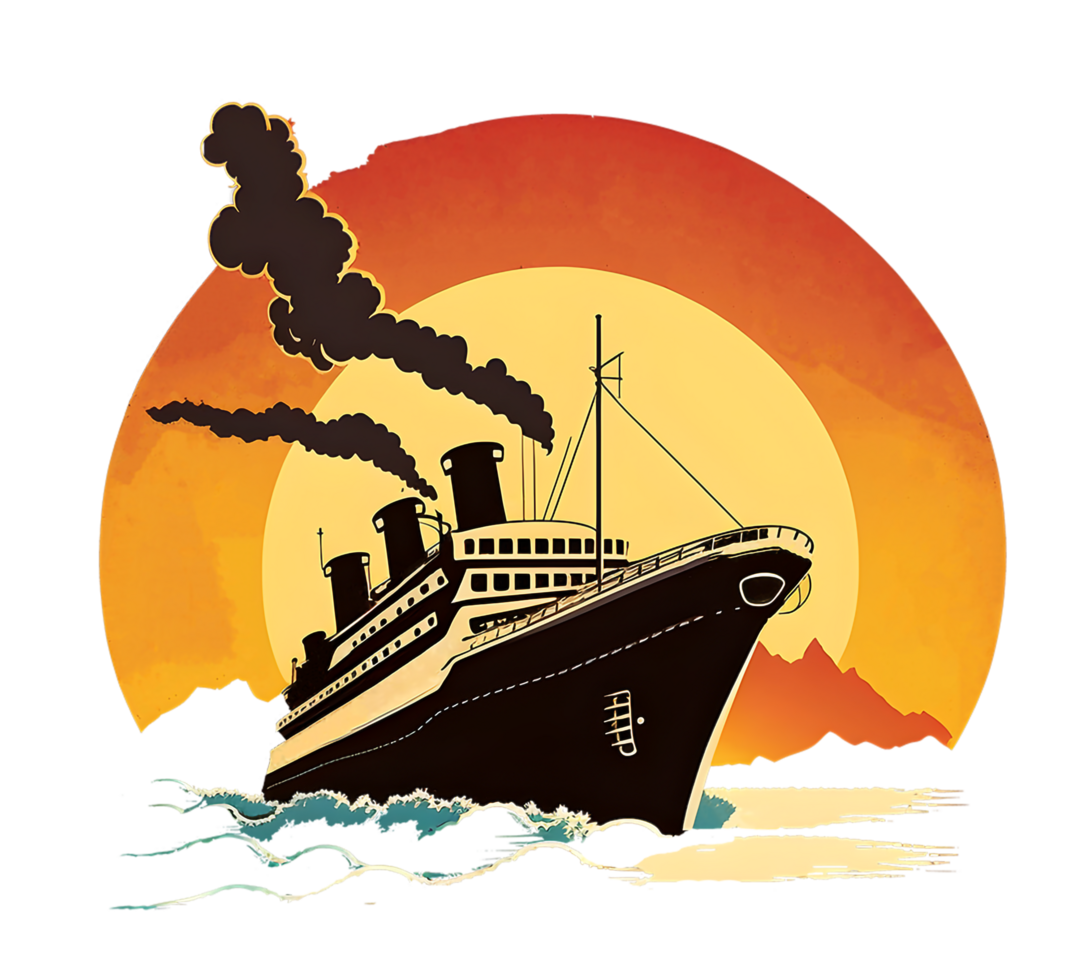 Cruise ship sticker design with sea and sunset view. png