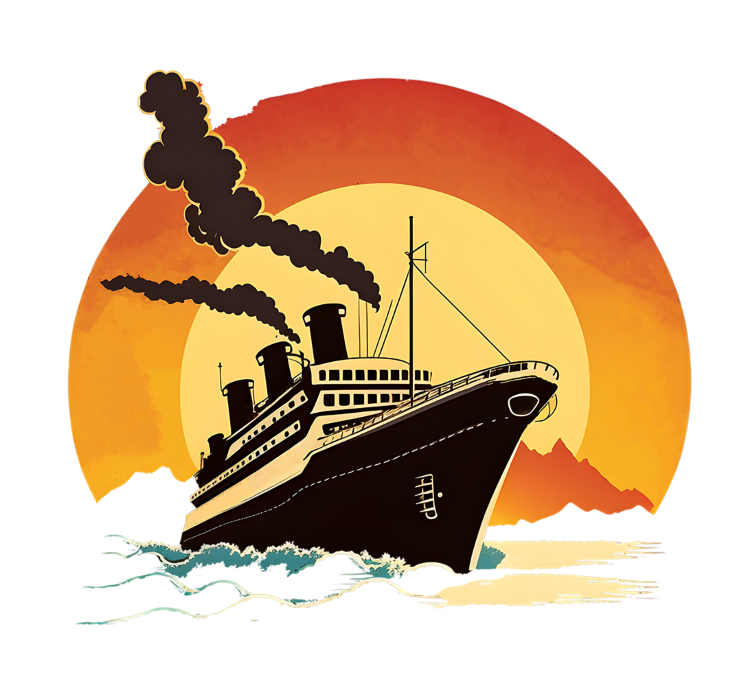 Kreuzfahrt Schiff Aufkleber Design mit Meer und Sonnenuntergang Sicht. generativ ai png