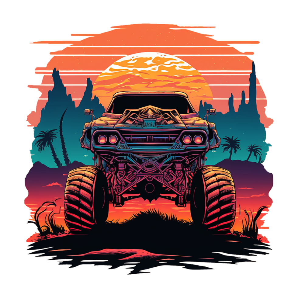 vintage monster car design, driving in the mountains with sunset, retro style, suitable for print design such as t-shirt design, stickers, etc, png