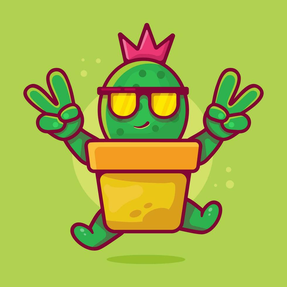 cute cactus on pot character mascot with peace sign hand gesture isolated cartoon in flat style design vector