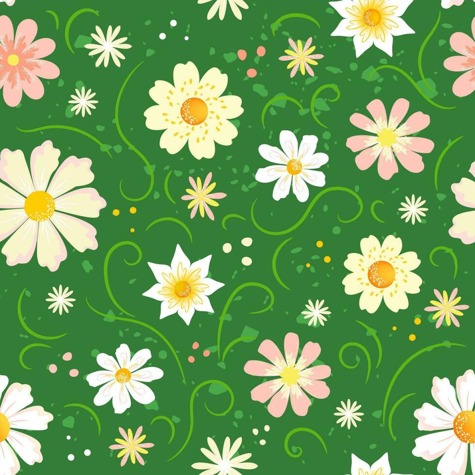 Retro groovy pattern daisies on green grass vector