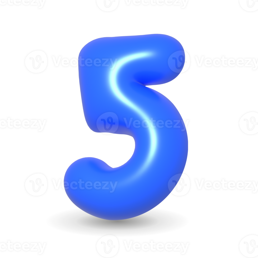 Colorful blue balloon digit Five. 3d realistic design element. For Birthday cake. png
